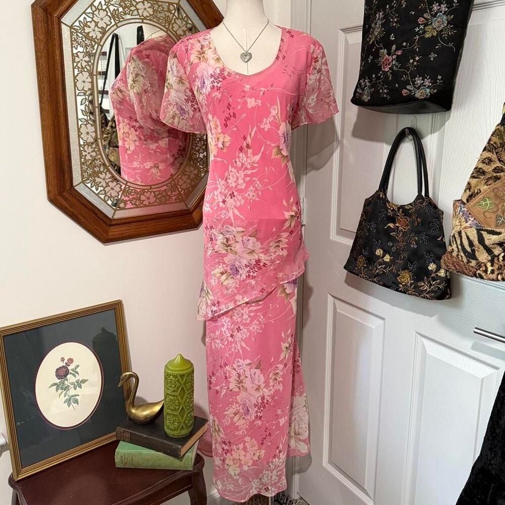 VTG Y2K AGB Pink & Multi Floral Pattern Asymmetrical Flutter Tiered Maxi Dress